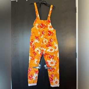 Lucy & Yak bright yellow, orange and white overalls